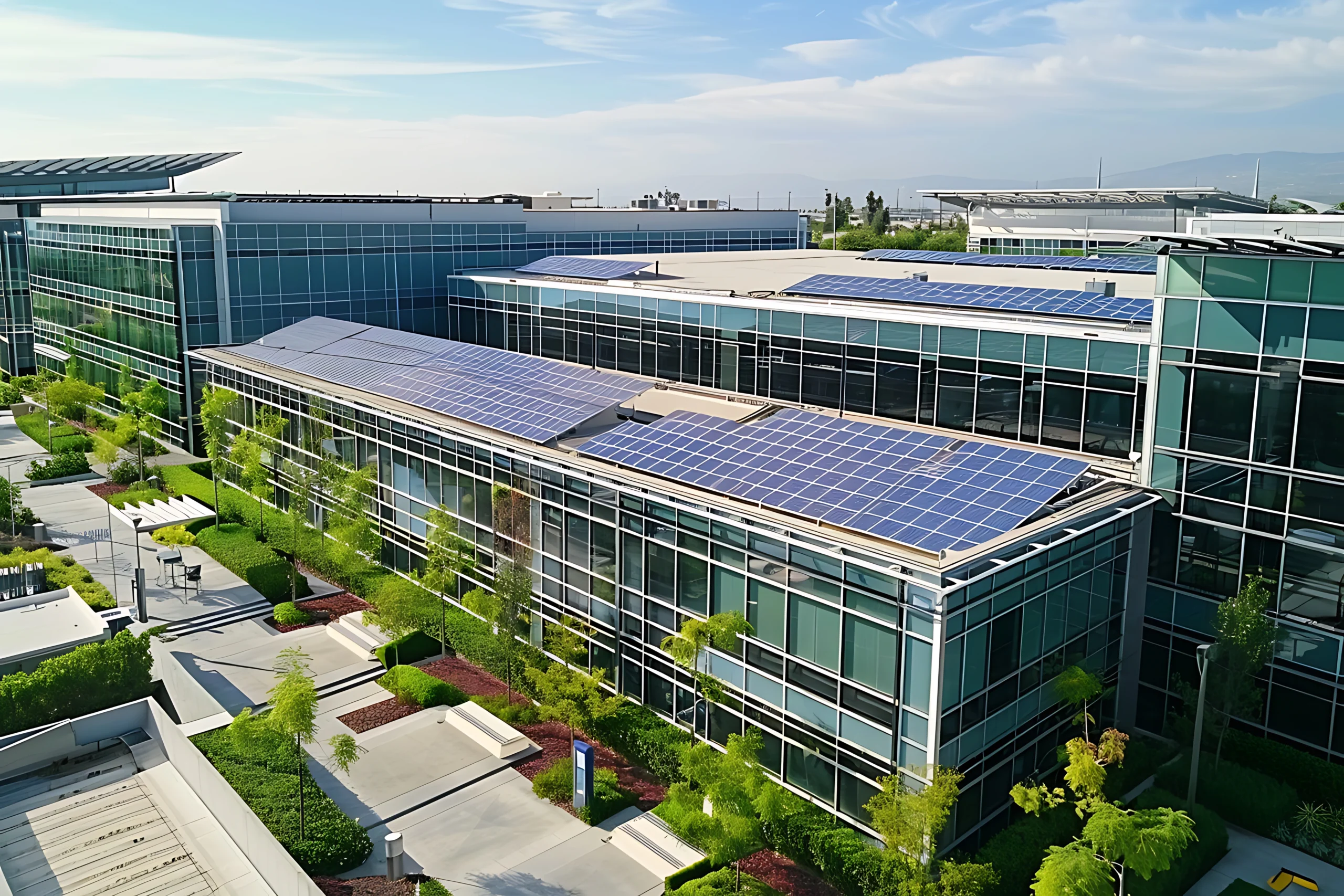 Commercial building with rooftop solar panels