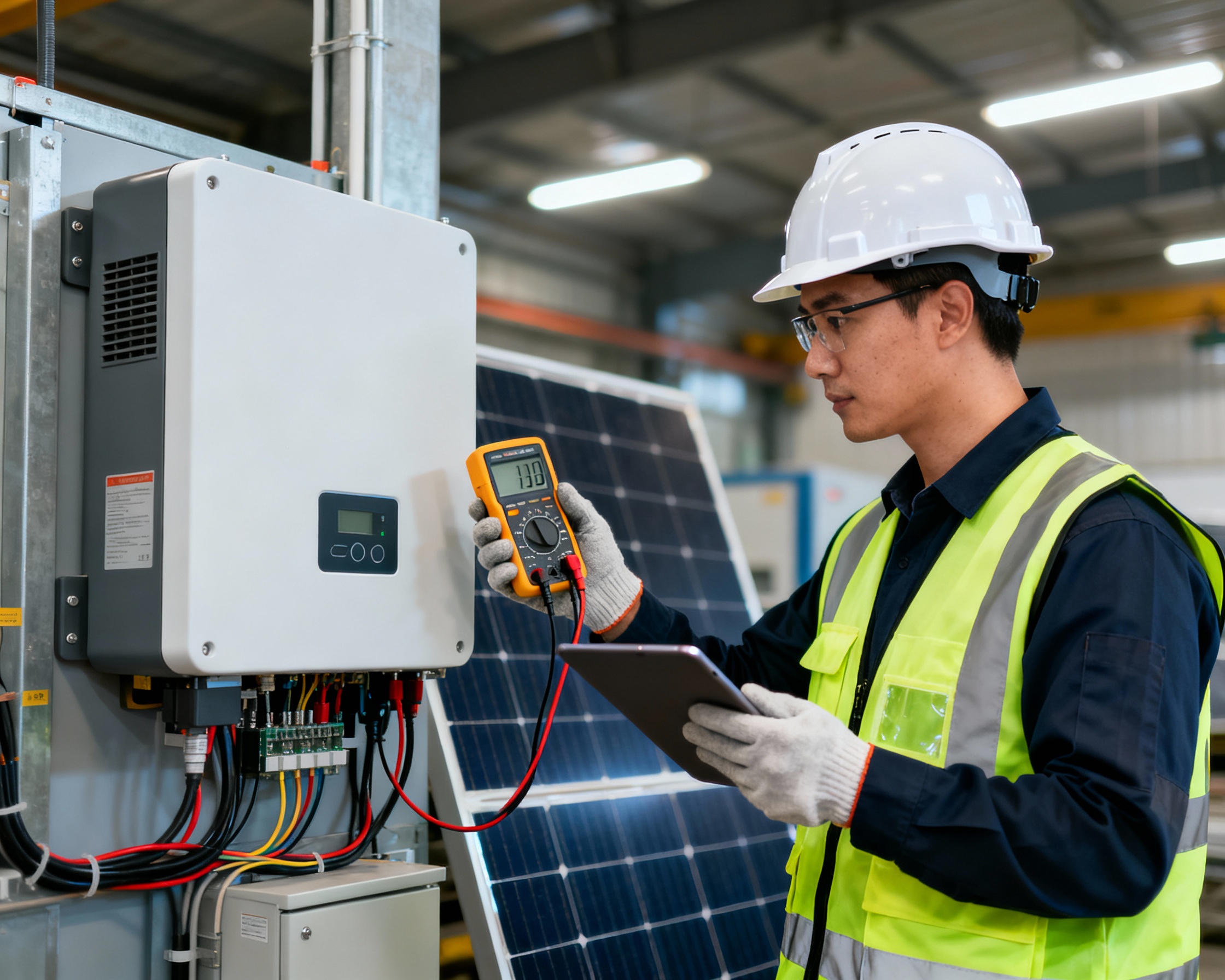 Solar panel technician inspecting inverter system