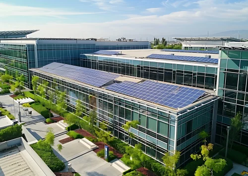 Commercial building with rooftop solar panels